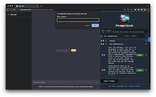 Promptbook: Inline Prompt Manager for ChatGPT from Chrome web store to be run with OffiDocs Chromium online Promptbook: Inline Prompt Manager for ChatGPT from Chrome web store to be run with OffiDocs Chromium online