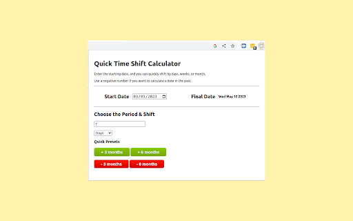 Quick Time Period Calculator from Chrome web store to be run with OffiDocs Chromium online Quick Time Period Calculator from Chrome web store to be run with OffiDocs Chromium online