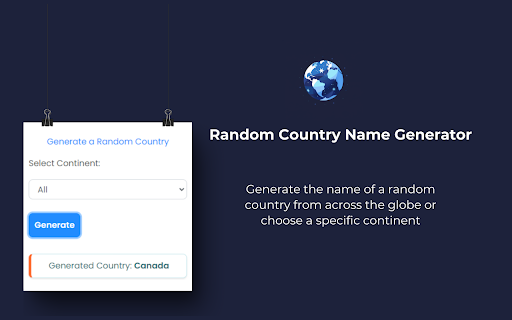 Random Country Generator from Chrome web store to be run with OffiDocs Chromium online Random Country Generator from Chrome web store to be run with OffiDocs Chromium online