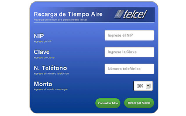 Recarga Tiempo Aire Telcel from Chrome web store to be run with OffiDocs Chromium online Recarga Tiempo Aire Telcel from Chrome web store to be run with OffiDocs Chromium online