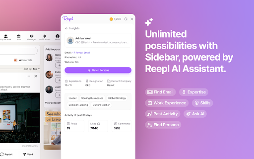 Reepl AI LinkedIn Post Writer, Lead Finder, CRM, Auto DMs, Streaks More from Chrome web store to be run with OffiDocs Chromium online Reepl AI LinkedIn Post Writer, Lead Finder, CRM, Auto DMs, Streaks More from Chrome web store to be run with OffiDocs Chromium online