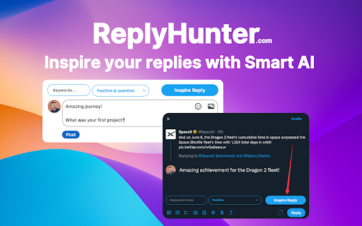 ReplyHunter.com Smart AI Reply Generator from Chrome web store to be run with OffiDocs Chromium online ReplyHunter.com Smart AI Reply Generator from Chrome web store to be run with OffiDocs Chromium online