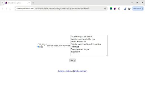 Sanitize your LinkedIn feed from Chrome web store to be run with OffiDocs Chromium online Sanitize your LinkedIn feed from Chrome web store to be run with OffiDocs Chromium online