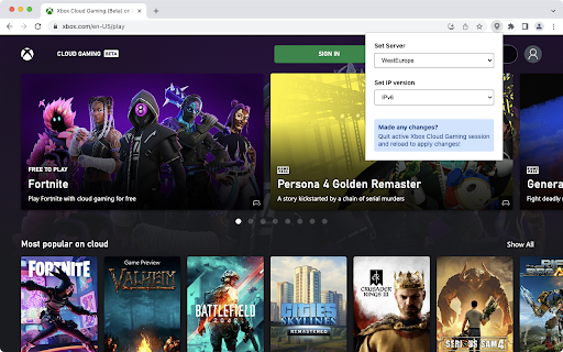 Server Selector for Xbox Cloud Gaming from Chrome web store to be run with OffiDocs Chromium online Server Selector for Xbox Cloud Gaming from Chrome web store to be run with OffiDocs Chromium online