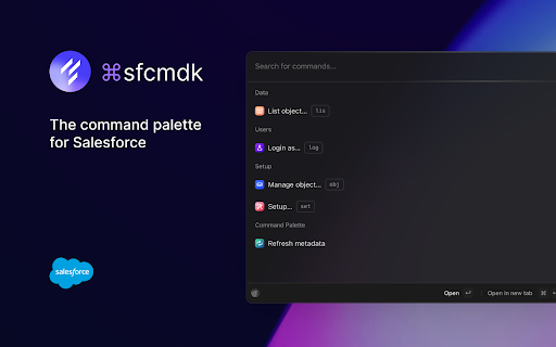 ⌘sfcmdk: Salesforce Command Palette from Chrome web store to be run with OffiDocs Chromium online ⌘sfcmdk: Salesforce Command Palette from Chrome web store to be run with OffiDocs Chromium online