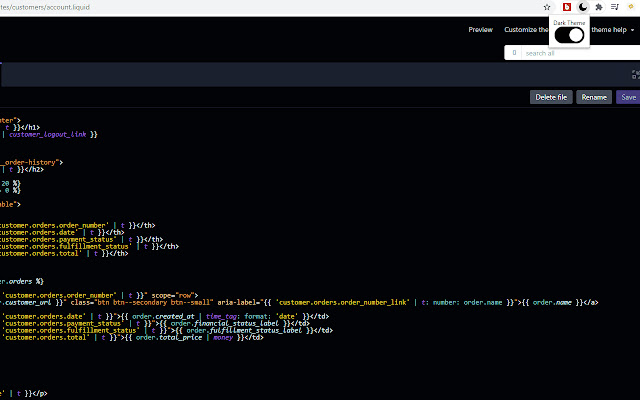 Shopify Code Editor Dark Mode from Chrome web store to be run with OffiDocs Chromium online Shopify Code Editor Dark Mode from Chrome web store to be run with OffiDocs Chromium online