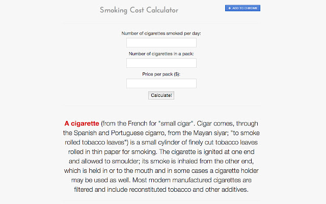 Smoking Calculator from Chrome web store to be run with OffiDocs Chromium online Smoking Calculator from Chrome web store to be run with OffiDocs Chromium online