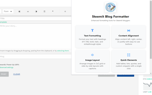 Steemit Blog Formatter from Chrome web store to be run with OffiDocs Chromium online Steemit Blog Formatter from Chrome web store to be run with OffiDocs Chromium online