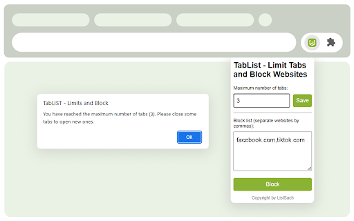 TabLIST Limits and Block from Chrome web store to be run with OffiDocs Chromium online TabLIST Limits and Block from Chrome web store to be run with OffiDocs Chromium online