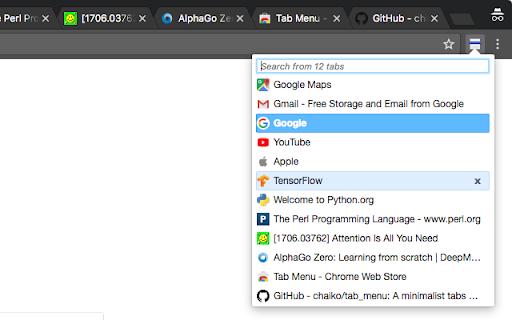 Tab Menu Redux from Chrome web store to be run with OffiDocs Chromium online Tab Menu Redux from Chrome web store to be run with OffiDocs Chromium online