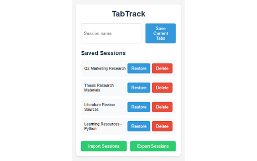 TabTrack Tab Session Manager from Chrome web store to be run with OffiDocs Chromium online TabTrack Tab Session Manager from Chrome web store to be run with OffiDocs Chromium online