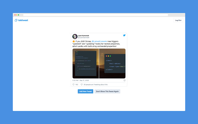 Tabtweet Tweets On New Tab from Chrome web store to be run with OffiDocs Chromium online Tabtweet Tweets On New Tab from Chrome web store to be run with OffiDocs Chromium online