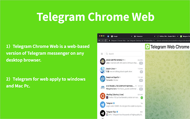Telegram Web Use TG on Windows/Mac from Chrome web store to be run with OffiDocs Chromium online Telegram Web Use TG on Windows/Mac from Chrome web store to be run with OffiDocs Chromium online