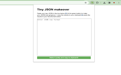 Tiny JSON makeover from Chrome web store to be run with OffiDocs Chromium online Tiny JSON makeover from Chrome web store to be run with OffiDocs Chromium online