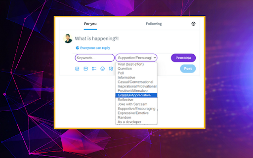 Tweet.ninja | Your Trusted Tweeting Sidekick! from Chrome web store to be run with OffiDocs Chromium online Tweet.ninja | Your Trusted Tweeting Sidekick! from Chrome web store to be run with OffiDocs Chromium online