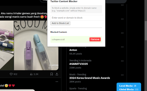 Twitter Content Blocker from Chrome web store to be run with OffiDocs Chromium online Twitter Content Blocker from Chrome web store to be run with OffiDocs Chromium online