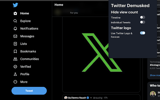 Twitter demusked: Remove analytics view count from Chrome web store to be run with OffiDocs Chromium online Twitter demusked: Remove analytics view count from Chrome web store to be run with OffiDocs Chromium online