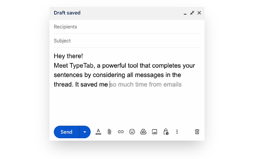 TypeTab Email Autocomplete Like Reading Your Mind from Chrome web store to be run with OffiDocs Chromium online TypeTab Email Autocomplete Like Reading Your Mind from Chrome web store to be run with OffiDocs Chromium online