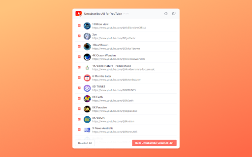 Unsubscribe All for YouTube from Chrome web store to be run with OffiDocs Chromium online Unsubscribe All for YouTube from Chrome web store to be run with OffiDocs Chromium online
