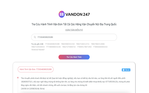 Vandon247.Com Tra cứu hành trình kiện hàng trong nội địa Trung Quốc from Chrome web store to be run with OffiDocs Chromium online Vandon247.Com Tra cứu hành trình kiện hàng trong nội địa Trung Quốc from Chrome web store to be run with OffiDocs Chromium online