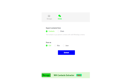 WA Contacts Extractor from Chrome web store to be run with OffiDocs Chromium online WA Contacts Extractor from Chrome web store to be run with OffiDocs Chromium online