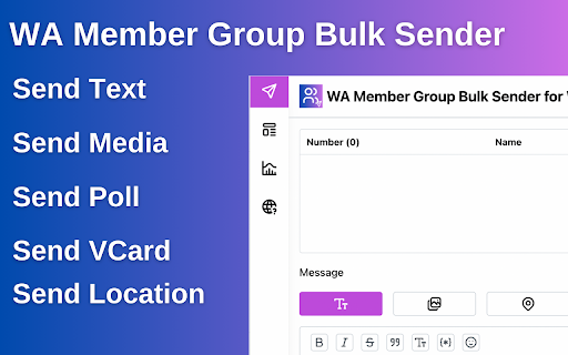 WA Member Group Bulk Sender for Whatsapp™ from Chrome web store to be run with OffiDocs Chromium online WA Member Group Bulk Sender for Whatsapp™ from Chrome web store to be run with OffiDocs Chromium online