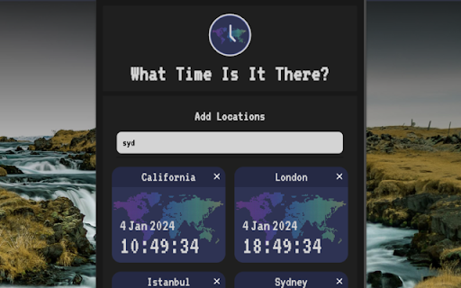 What Time Is It There? from Chrome web store to be run with OffiDocs Chromium online What Time Is It There? from Chrome web store to be run with OffiDocs Chromium online