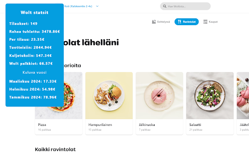 Wolt stats from Chrome web store to be run with OffiDocs Chromium online Wolt stats from Chrome web store to be run with OffiDocs Chromium online