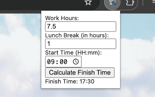 Workday Finish Time Calculator from Chrome web store to be run with OffiDocs Chromium online Workday Finish Time Calculator from Chrome web store to be run with OffiDocs Chromium online