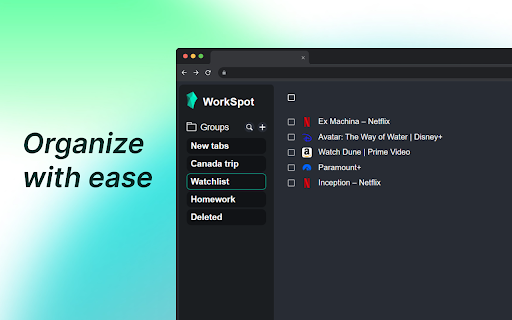 WorkSpot Tab Manager from Chrome web store to be run with OffiDocs Chromium online WorkSpot Tab Manager from Chrome web store to be run with OffiDocs Chromium online