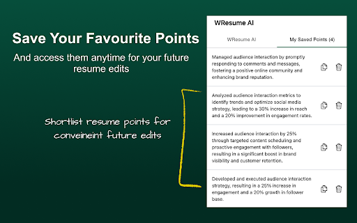 WResume AI: Generate and Organize Resume Points Effortlessly from Chrome web store to be run with OffiDocs Chromium online WResume AI: Generate and Organize Resume Points Effortlessly from Chrome web store to be run with OffiDocs Chromium online