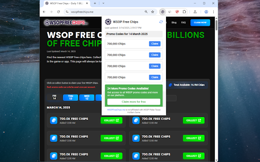 WSOP Free Chips: Daily Promo Codes For WSOP from Chrome web store to be run with OffiDocs Chromium online WSOP Free Chips: Daily Promo Codes For WSOP from Chrome web store to be run with OffiDocs Chromium online
