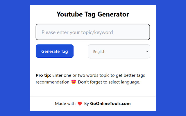 Youtube Tag Generator from Chrome web store to be run with OffiDocs Chromium online Youtube Tag Generator from Chrome web store to be run with OffiDocs Chromium online