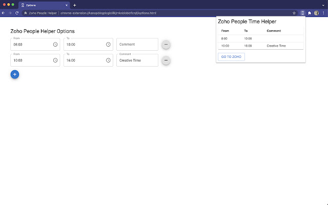 Zoho People Time Helper from Chrome web store to be run with OffiDocs Chromium online Zoho People Time Helper from Chrome web store to be run with OffiDocs Chromium online