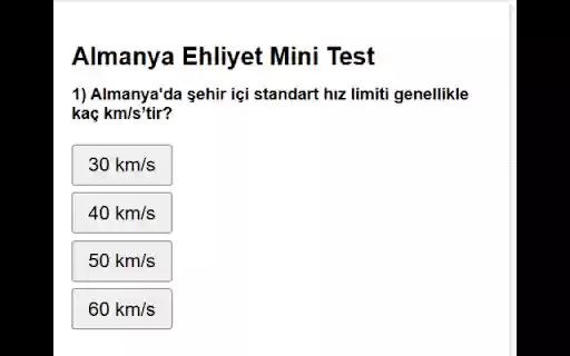 Almanya Ehliyet Mini Test from Chrome web store to be run with OffiDocs Chromium online Almanya Ehliyet Mini Test from Chrome web store to be run with OffiDocs Chromium online