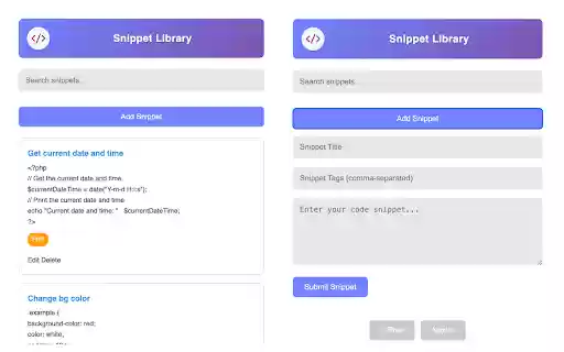Code Snippet Library from Chrome web store to be run with OffiDocs Chromium online Code Snippet Library from Chrome web store to be run with OffiDocs Chromium online