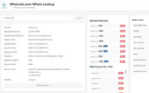 Domain Whois Lookup WhoisJet.com from Chrome web store to be run with OffiDocs Chromium online Domain Whois Lookup WhoisJet.com from Chrome web store to be run with OffiDocs Chromium online