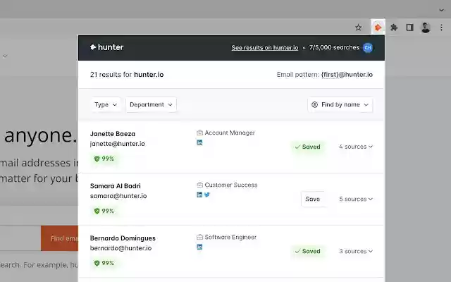 Hunter Email Finder Extension from Chrome web store to be run with OffiDocs Chromium online Hunter Email Finder Extension from Chrome web store to be run with OffiDocs Chromium online