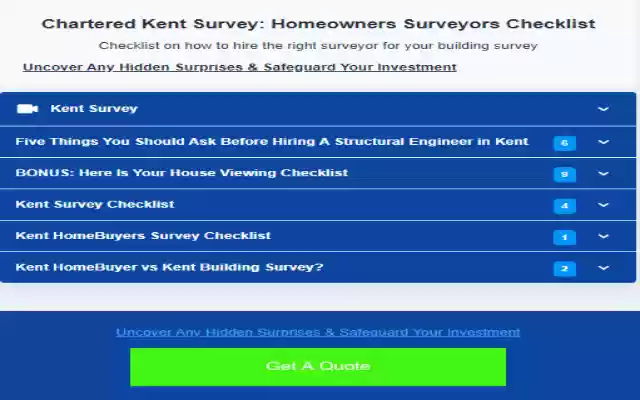 Kent Survey: Homeowners Surveyors Checklist from Chrome web store to be run with OffiDocs Chromium online Kent Survey: Homeowners Surveyors Checklist from Chrome web store to be run with OffiDocs Chromium online
