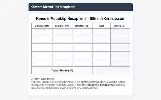 Kereste Metreküp Hesaplama from Chrome web store to be run with OffiDocs Chromium online Kereste Metreküp Hesaplama from Chrome web store to be run with OffiDocs Chromium online