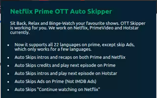 Netflix Prime OTT Auto Skipper from Chrome web store to be run with OffiDocs Chromium online Netflix Prime OTT Auto Skipper from Chrome web store to be run with OffiDocs Chromium online