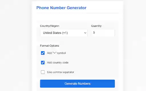Phone Number Generator from Chrome web store to be run with OffiDocs Chromium online Phone Number Generator from Chrome web store to be run with OffiDocs Chromium online