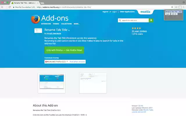 Rename Tab Title from Chrome web store to be run with OffiDocs Chromium online Rename Tab Title from Chrome web store to be run with OffiDocs Chromium online