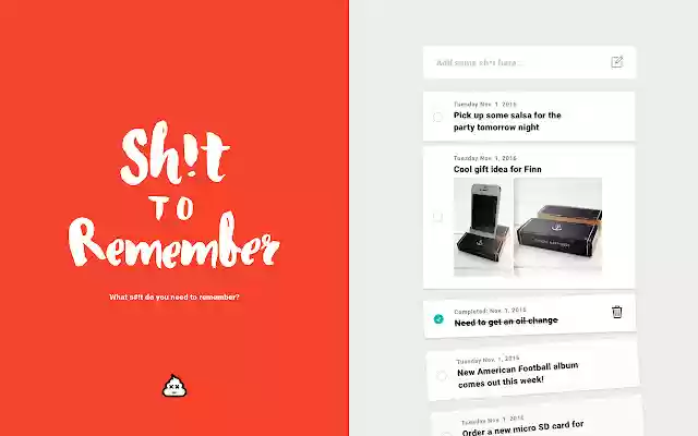 Sh!t to Remember from Chrome web store to be run with OffiDocs Chromium online Sh!t to Remember from Chrome web store to be run with OffiDocs Chromium online
