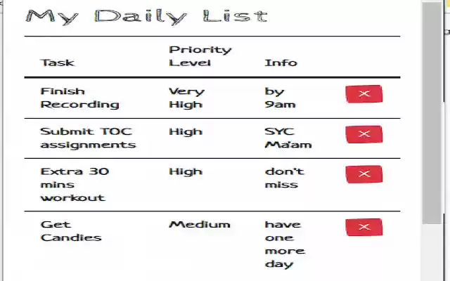 Simple Daily To Do List from Chrome web store to be run with OffiDocs Chromium online Simple Daily To Do List from Chrome web store to be run with OffiDocs Chromium online