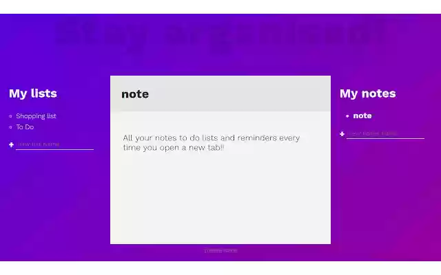 Stay organised notes and to do lists from Chrome web store to be run with OffiDocs Chromium online Stay organised notes and to do lists from Chrome web store to be run with OffiDocs Chromium online